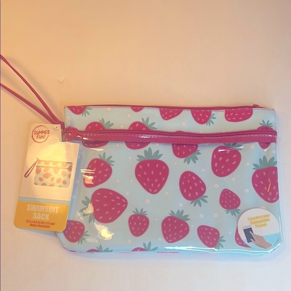 🍓Strawberry Print Wristlet Cosmetic Pouch Clutch Baby Blue and Pink - Picture 2 of 11